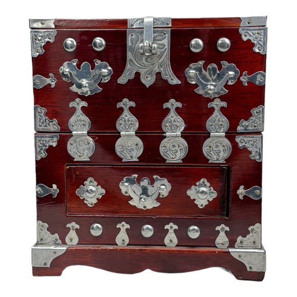 Unbranded Vintage Other - Vintage 1900s Korean Wood Jewellery Box 3 drawers with Intricate Metal Design